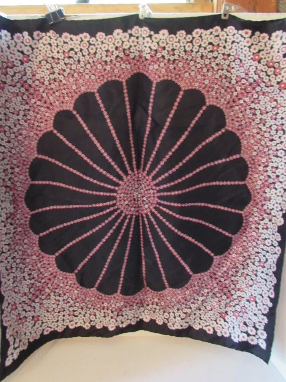Lazarus Silk Scarf Made in Italy Black with Pink Blossoms